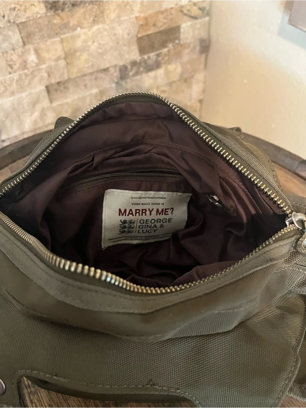 George Gina and Lucy Olive Green “Marry Me?” Bag with Detachable Strap